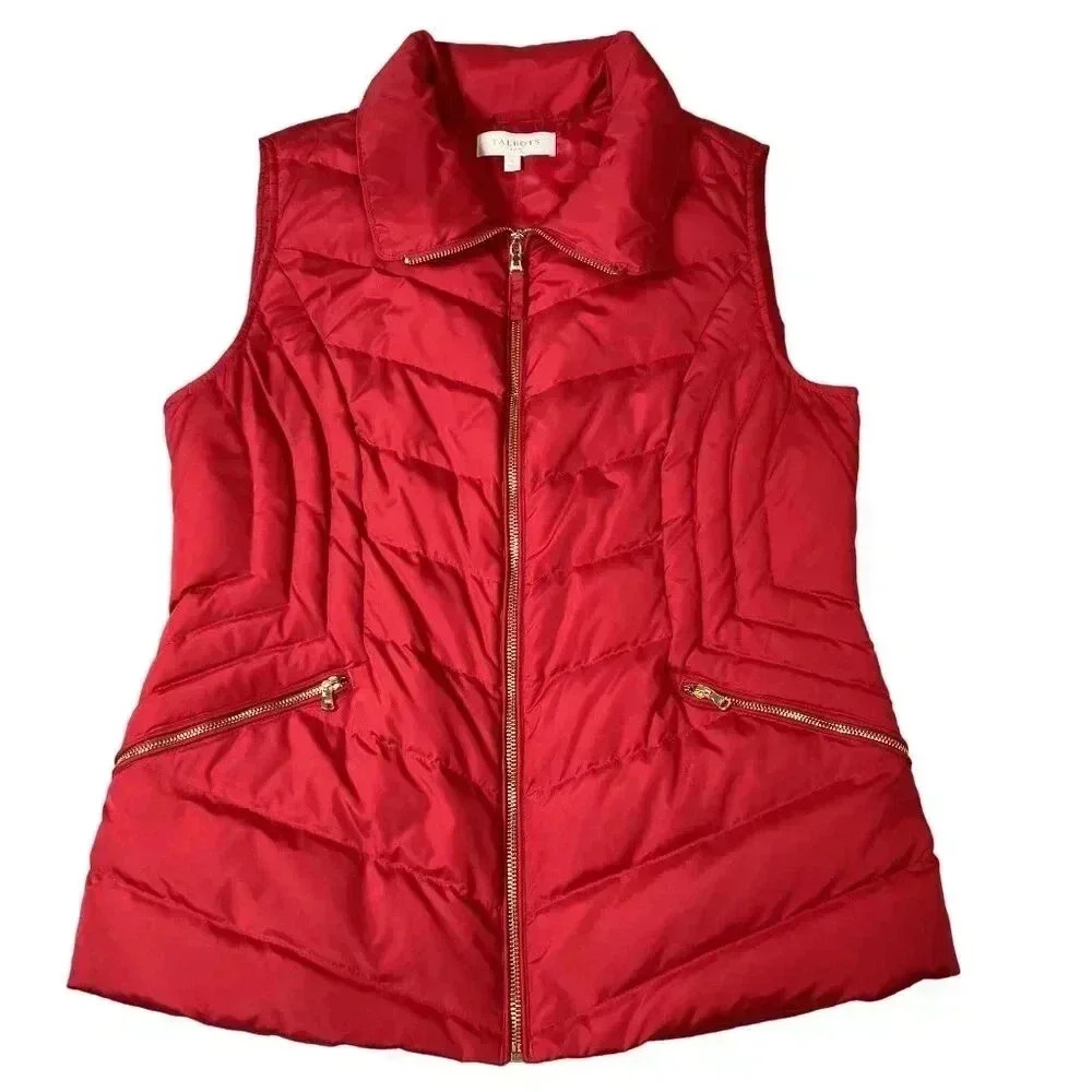 Talbots S Quilted Down Fill Puffer Vest Red Gold Zip Pocket High Neck Soft Shell